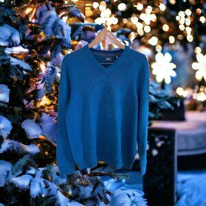 Vintage Izod Womens  Sweater Medium Teal VNeck Cotton Blend Preppy Academia